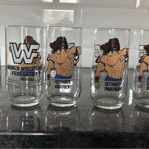 WWE ultimate warrior  set of 6 Clear Glass with Black Logo and Text